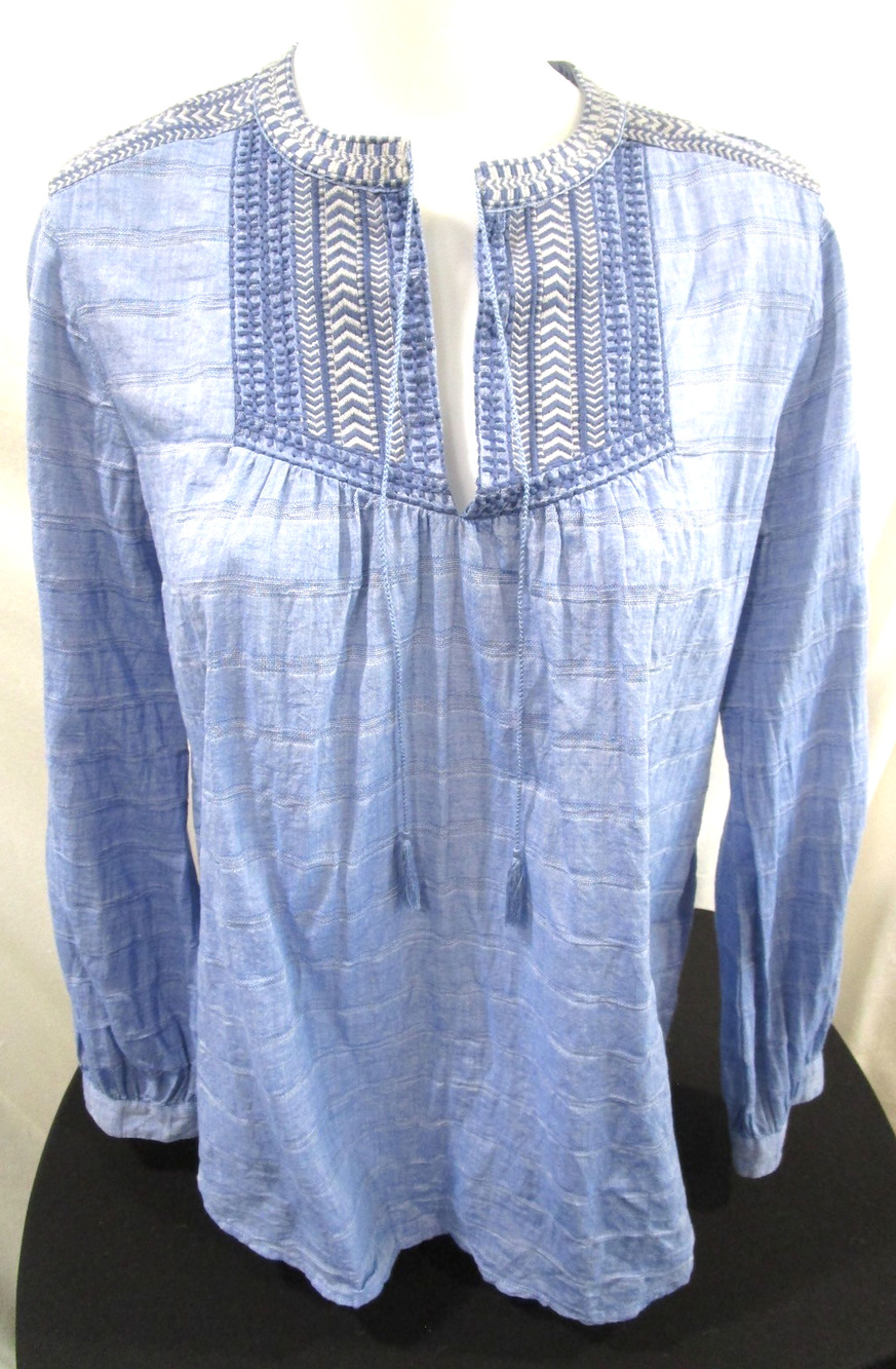J. Crew Blue Bibb Embroidered Long Sleeve Peasant Top Women Sz 8